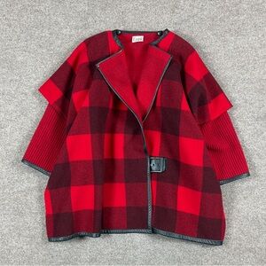 Vintage Red Plaid Cape Poncho Cozy Blanket Jacket Women’s One Size Leather Trim